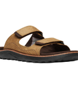 Brown slide sandal with two Velcro straps, dark brown footbed, and black outsole.
