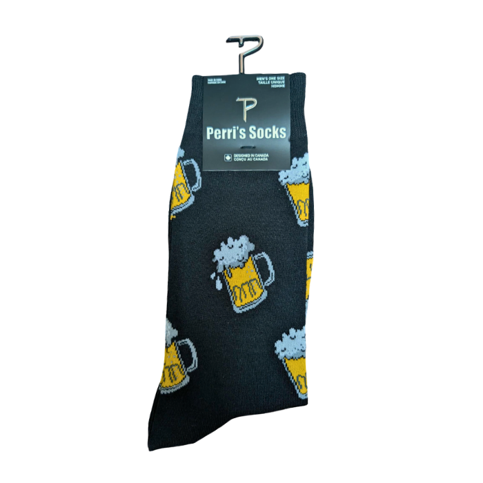 Black crew socks with beer mug design folded in the black Perri's packaging