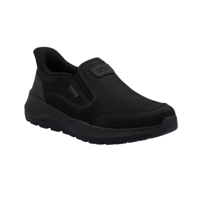 Black leather slip on shoe with side goring elastic and thick black rubber outsole.