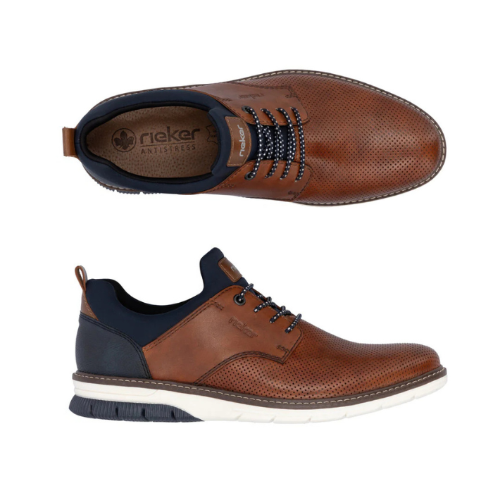 Pair of slip-On Lace Sneakers in dark brown with perforated upper, navy cuff, dark brown heel accents, tan Rieker logo'd footbed and white outsole.