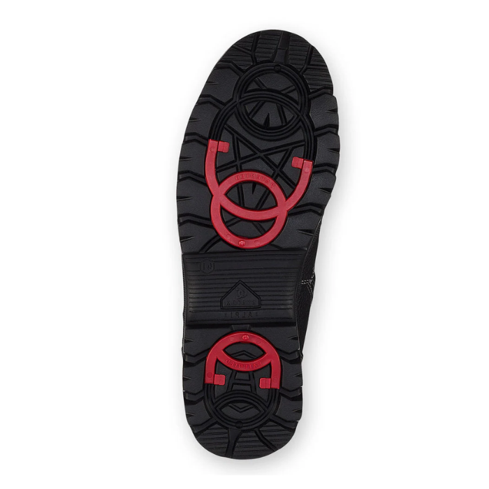 Black treaded outsole with red flip grips.