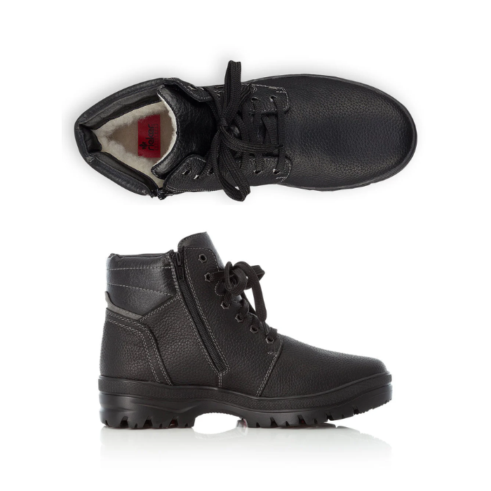 Pair of black leather boots with laces, zipper, fur lining and a rugged outsole .