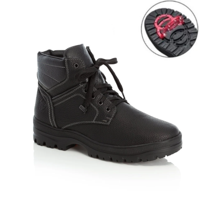 Black lace up leather ankle boot with accent stitching and icon showing outsole flip grips.