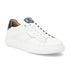 White lace-up sneaker with navy heel accent, detailed stitching and white outsole.
