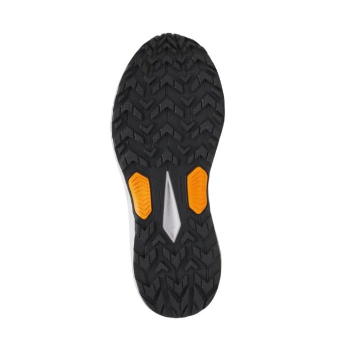 Black deep treaded outsole with orange accent extra grip sections and Saucony logo in middle.
