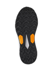 Black deep treaded outsole with orange accent extra grip sections and Saucony logo in middle.