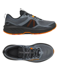 Pair of Grey mesh hiking sneakers with orange accents, black footbed, black thick midsole and orange outsole.
