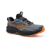 Grey mesh hiking sneaker with orange Saucony logo on side, black thick midsole and orange outsole.