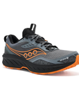 Grey mesh hiking sneaker with orange Saucony logo on side, black thick midsole and orange outsole.