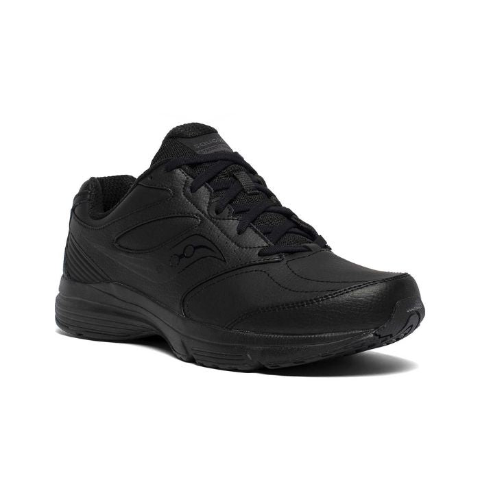 Black leather sneaker with Saucony logo on side and black laces, midsole and outsole.