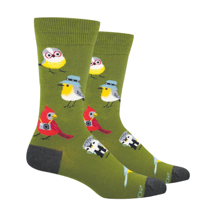 Green socks with various birds wearing hats, glasses and cameras.