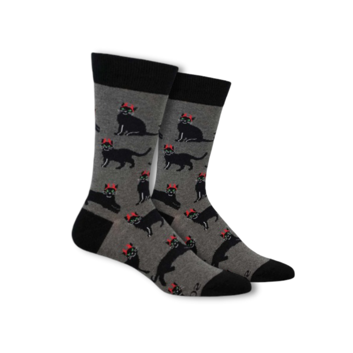 Gray socks with black cats wearing devil horns.