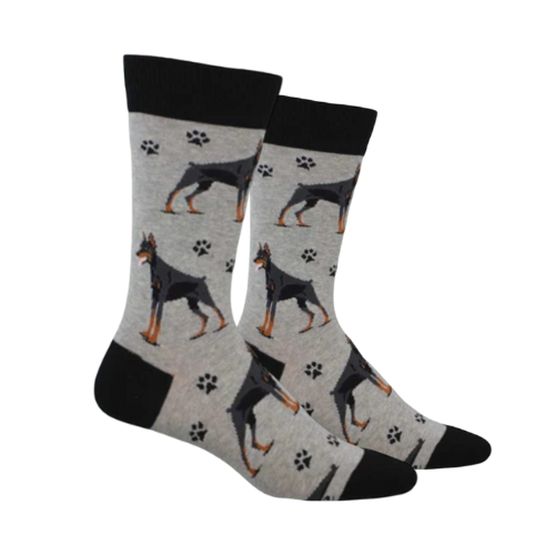 Pair of grey socks with Doberman pinscher design.