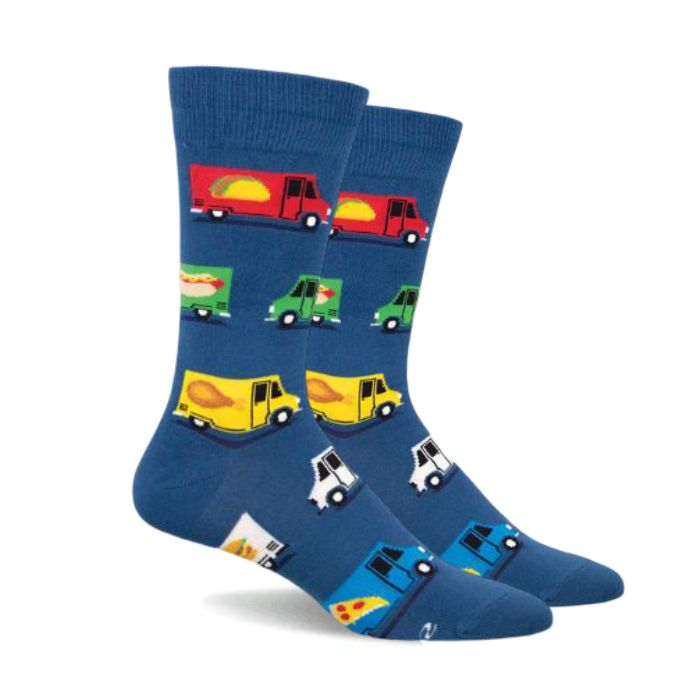 Men's navy socks with various colour food trucks on them.