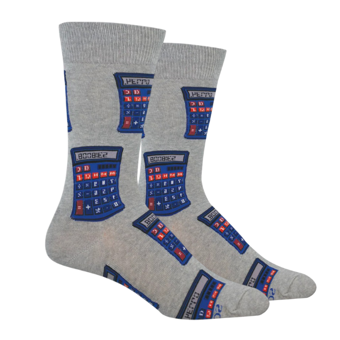 A pair of heather gray crew socks featuring a blue calculator with a few red buttons and the displays featuring "8008132" and "43110"