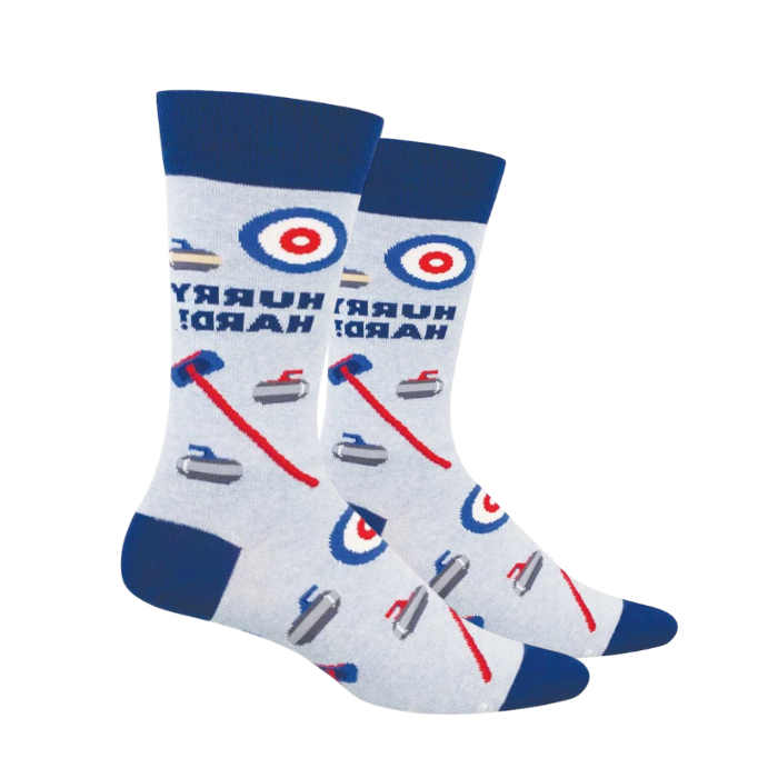 Pair of men's blue crew socks with curling equipment pattern, dark blue cuff, toe cap and heel and "Hurry Hard" near cuff.