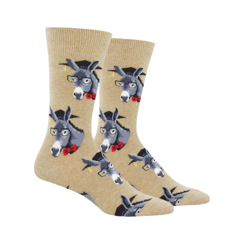 Pair of hemp mens socks with donkeys wearing graduation caps, glasses and red bowties.