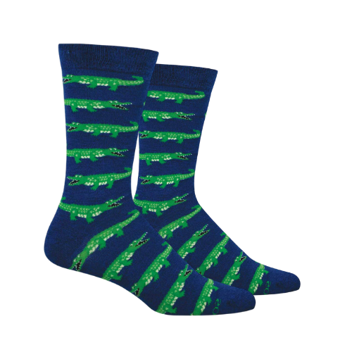 Pair of navy socks with green alligator pattern.