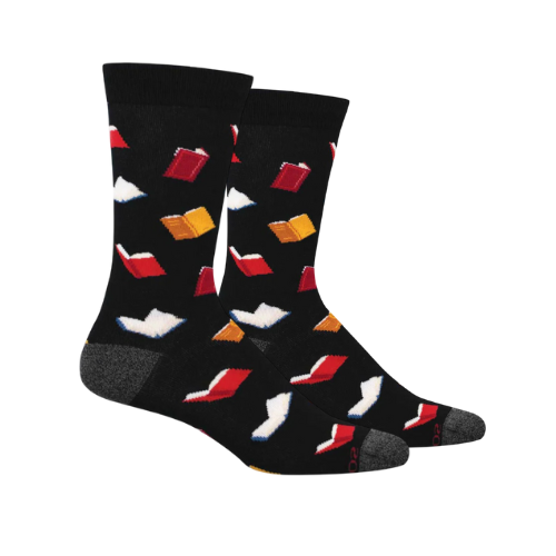 Black socks with colorful book pattern.