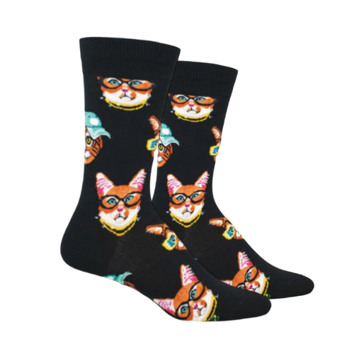 Black socks with cat designs wearing glasses, hats and chain necklaces.