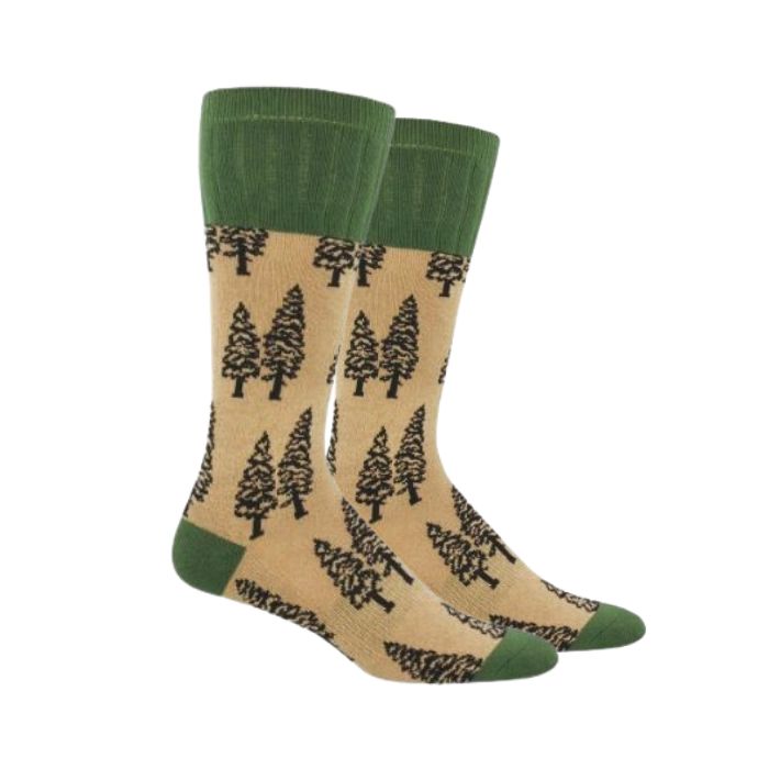 Hemp mid-calf socks with black fir tree pattern and green cuff, heel and toe.