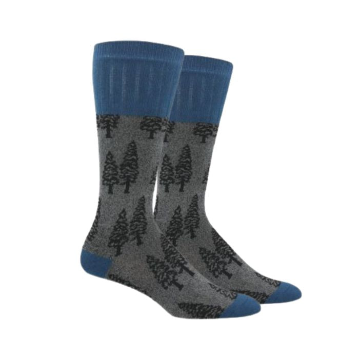 Grey mid-calf socks with black fir tree pattern and navy blue cuff, heel and toe.