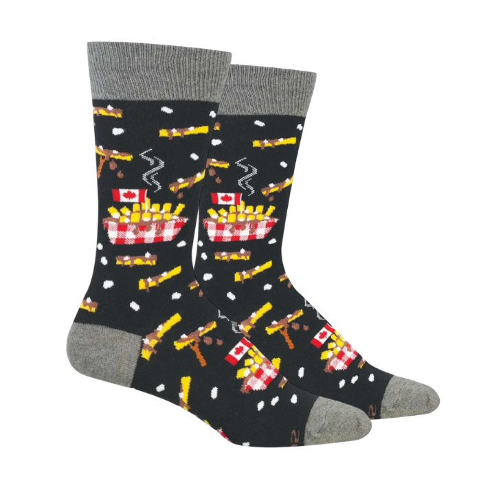 Black socks with grey cuff, heel and toe caps with Canada flag stuck in poutine bowls with fries and cheese curds sprinkled around.