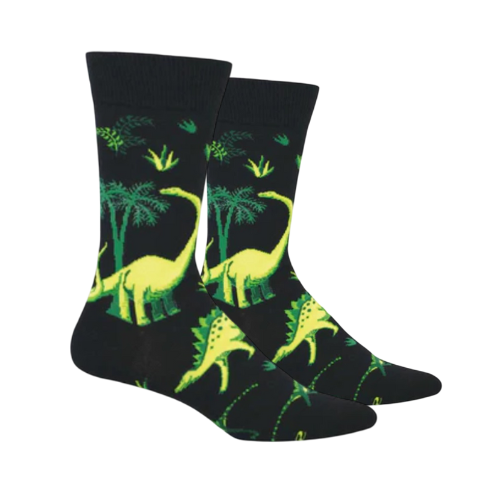 Black socks with green dinosaur and trees pattern.