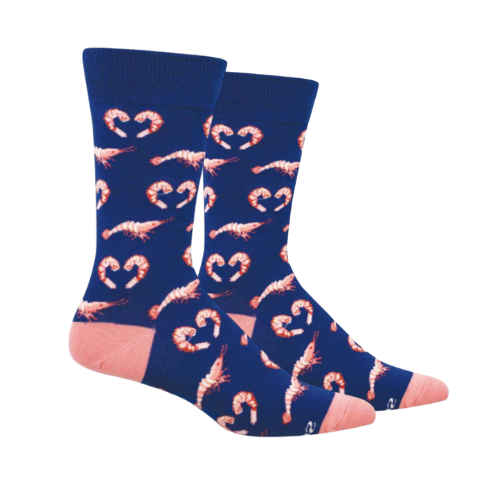Blue socks with pink shrimp pattern, some forming a heart shape with pink heel and toe cap.