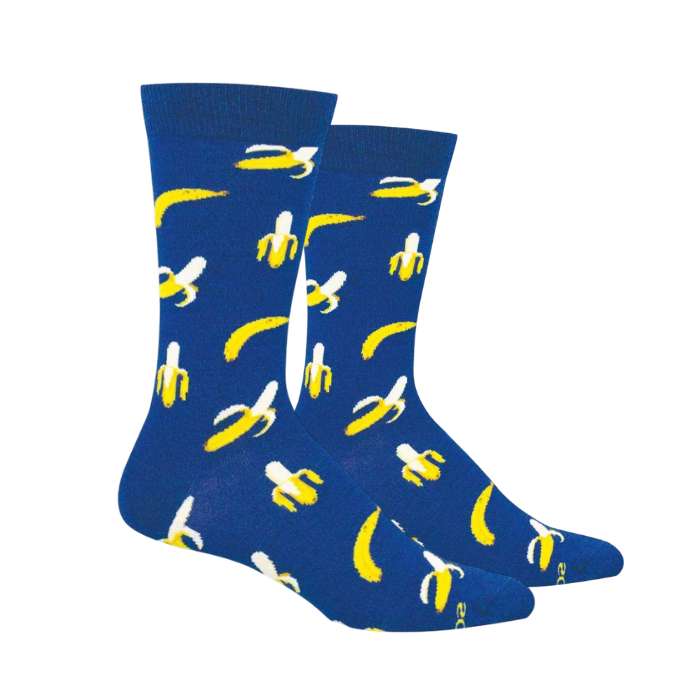 Blue socks with open and closed banana pattern.