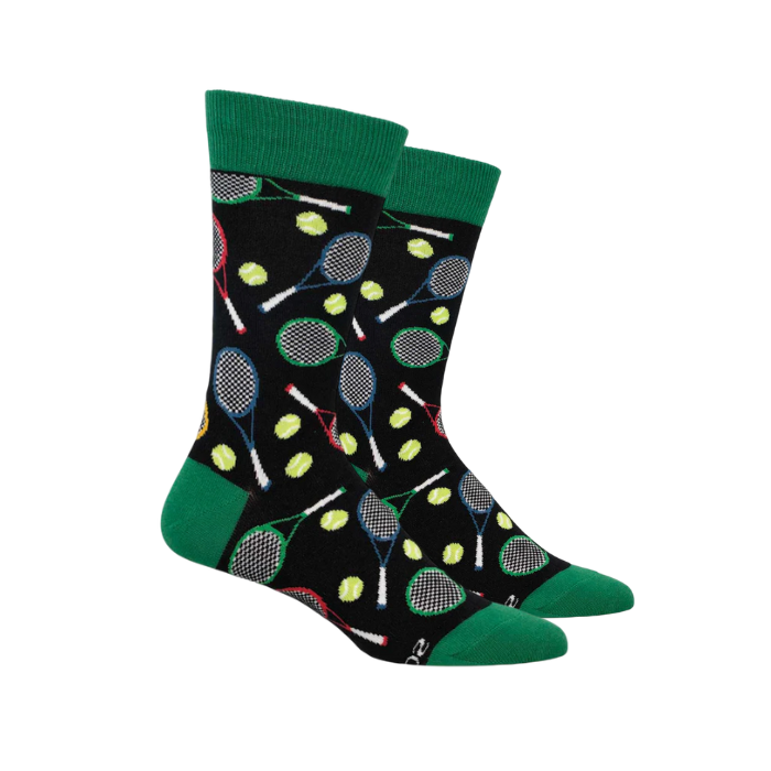 Socksmith Men's Time For Tennis Socks featuring tennis rackets and balls on a black background with green accents.