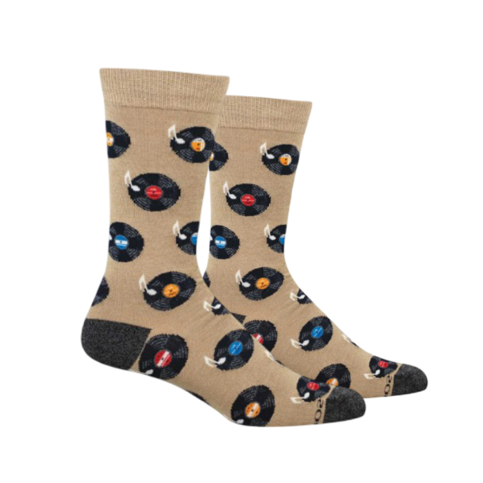 Beige socks with vinyl record in various colors with grey heel and toe cap.