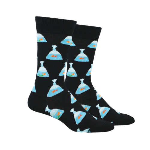 Black socks with gold fish  and mermaids in water bags pattern.