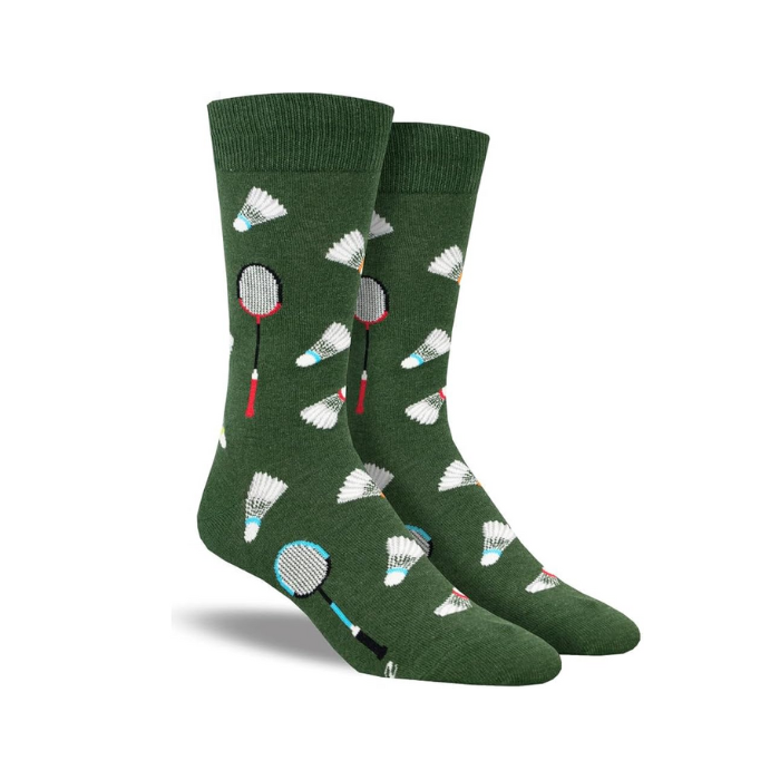 Men's crew socks with badminton design in green.