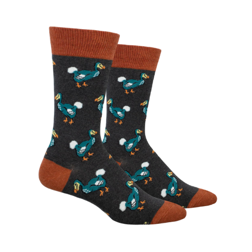 Pair of grey crew socks with blue dodo birds and orange accents. 