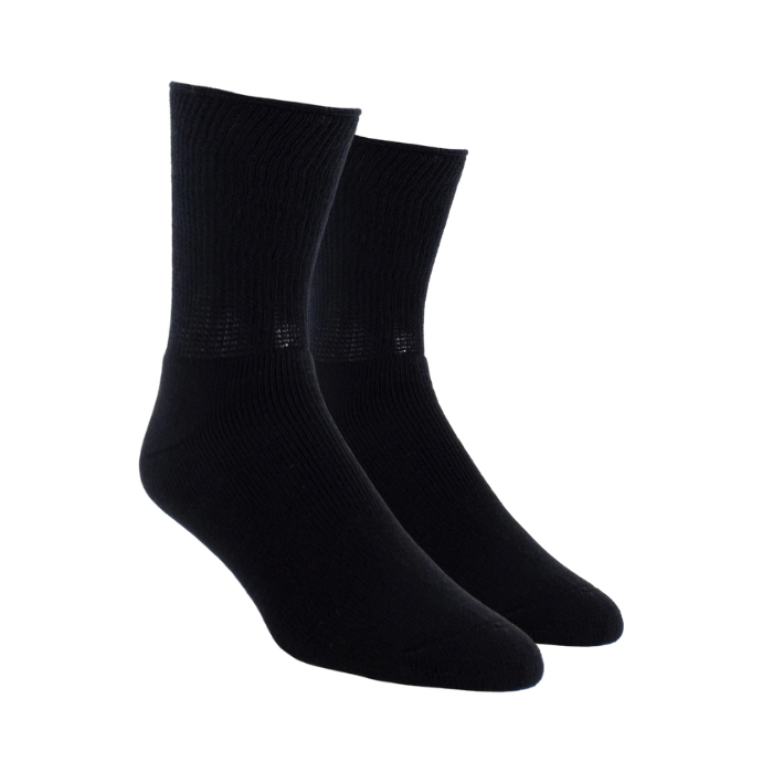 Pair of ribbed black crew socks.