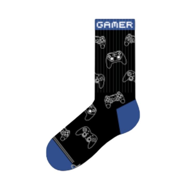 Black sock with gaming controller designs,  blue toes and blue cuff with 'Gamer' across.it