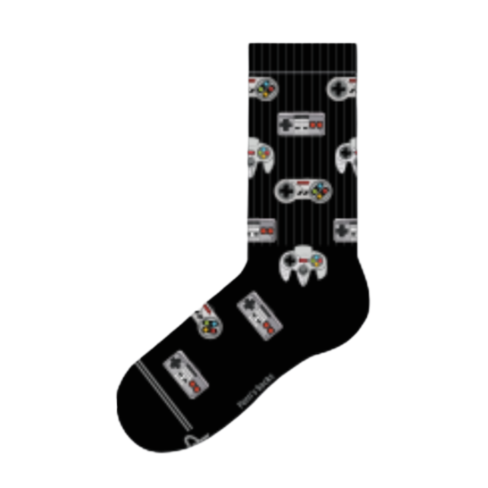 Black sock with retro gaming controller designs.