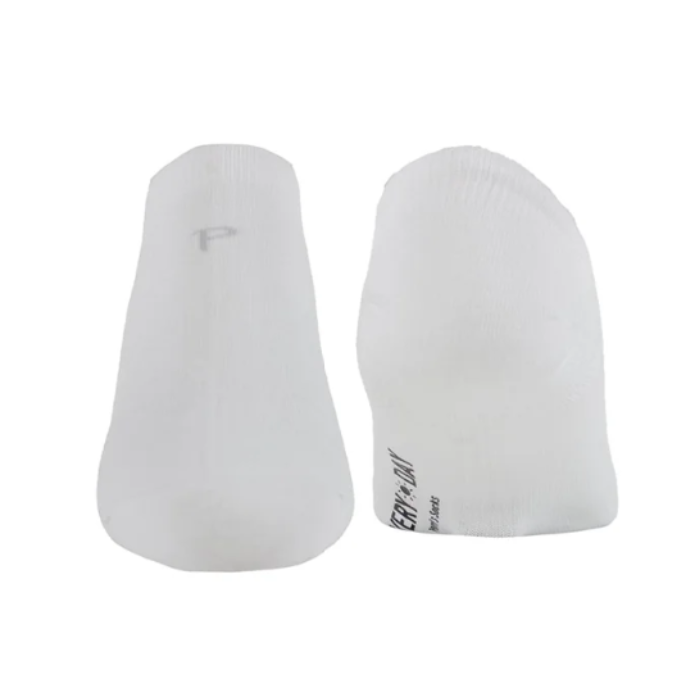 Pair of white liner socks with a brand logo on bottom of foot.
