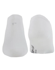Pair of white liner socks with a brand logo on bottom of foot.