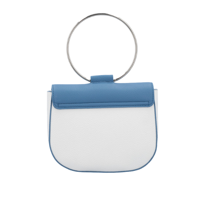 Back of a blue and white faux leather shoulder bag with a silver-tone metal O-ring handle.