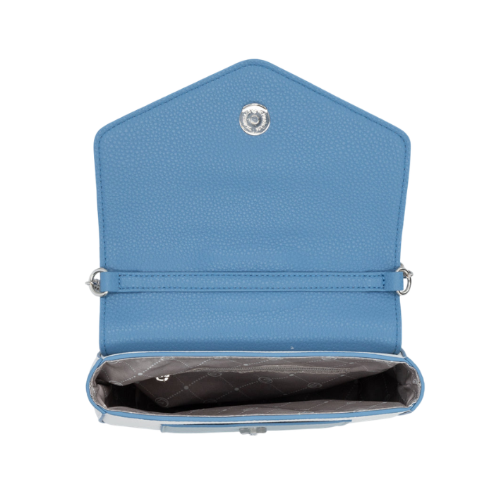 A light blue faux leather bag shown open, displaying its interior, silver-tone hardware, and a gray quilted lining.
