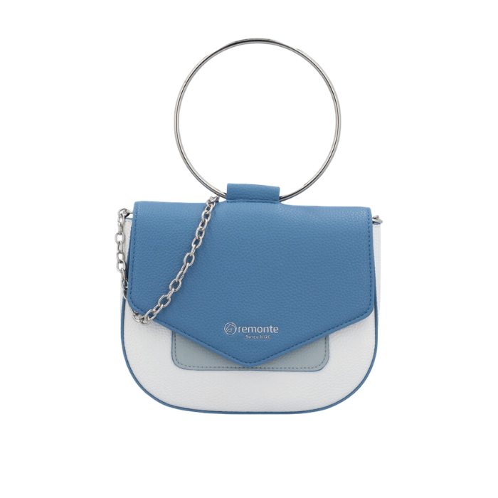 A blue and white faux leather shoulder bag with a silver-tone metal O-ring handle, chain strap, and a silver-tone logo on the front flap.