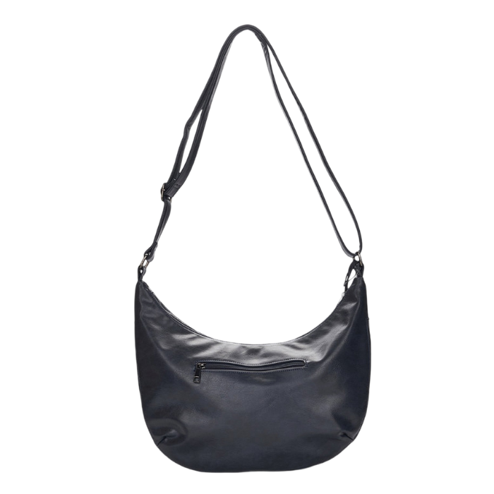 Back of a dark navy crescent-shaped shoulder bag with a long adjustable strap and a zippered front pocket.