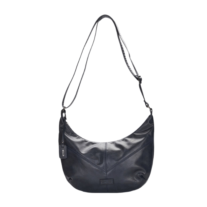 A dark navy faux leather crescent-shaped shoulder bag with a long adjustable strap and detail stitching.