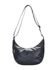 A dark navy faux leather crescent-shaped shoulder bag with a long adjustable strap and detail stitching.