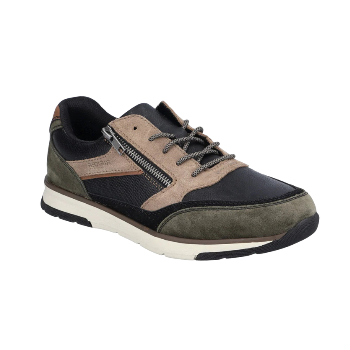 Black lace sneaker with tan and green suede accents, side zipper and white outsole.