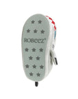 Grey outsole with star grip pattern and Robeez logo in middle.