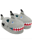Pair of grey shark slippers with 3D fins and tail.
