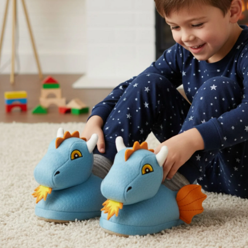 Child wearing dragon-themed slippers on a carpeted floor with toys in the background.